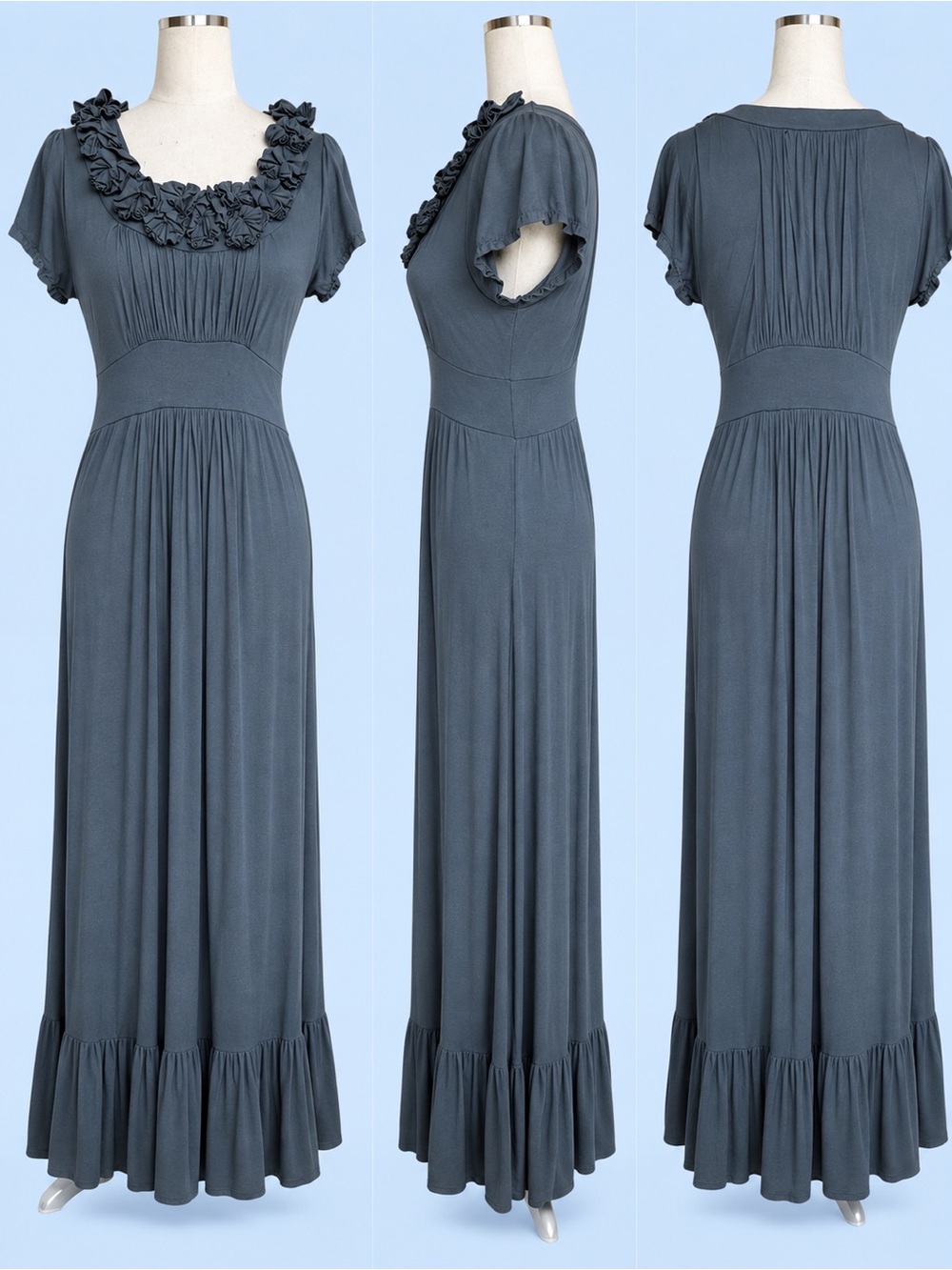 DOWNEAST Slate Blue Floral-Ruffle Maxi Dress